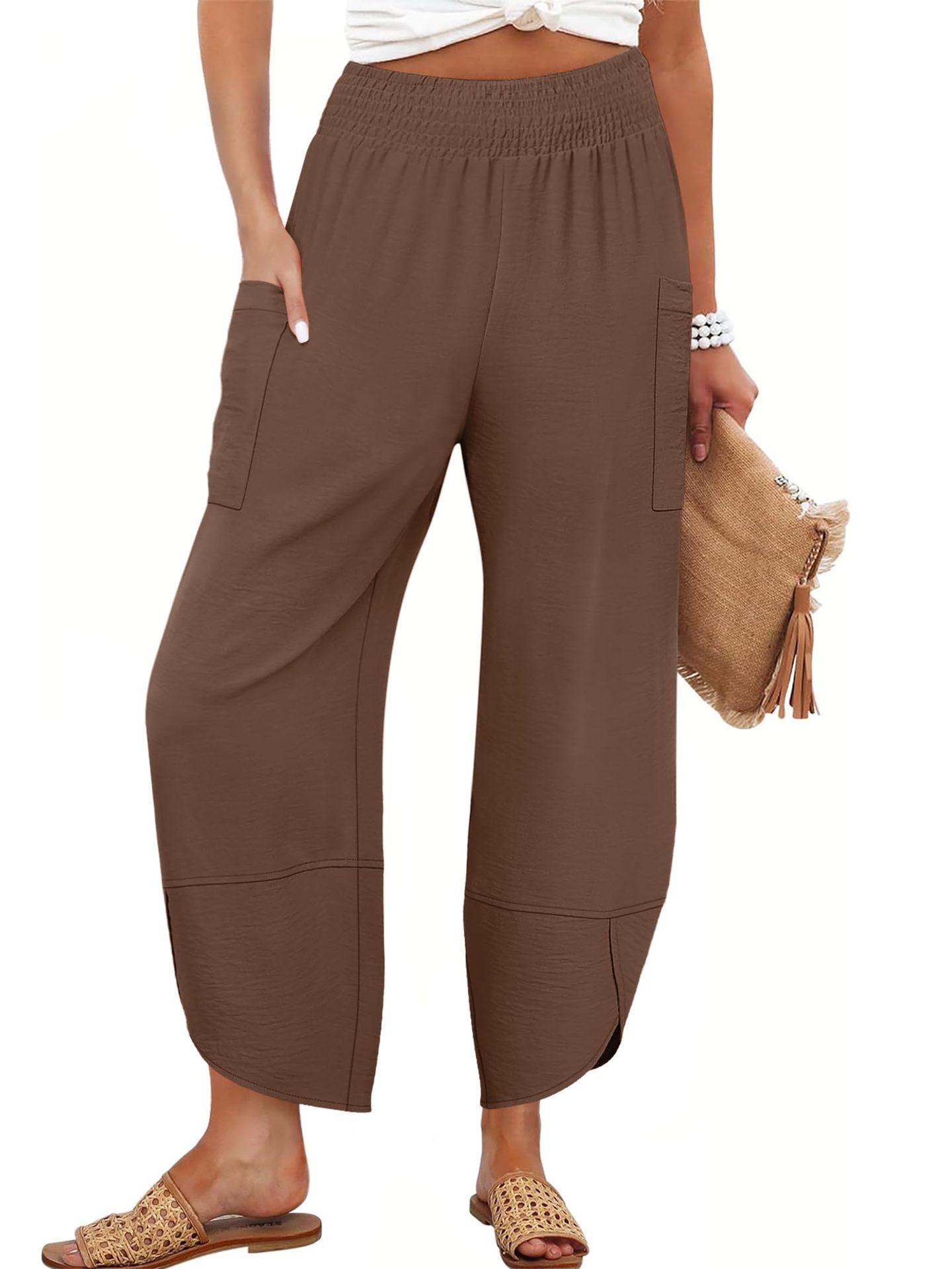 Summer New High-Waist Loose Solid-Color Side-Pocket Cropped Trousers