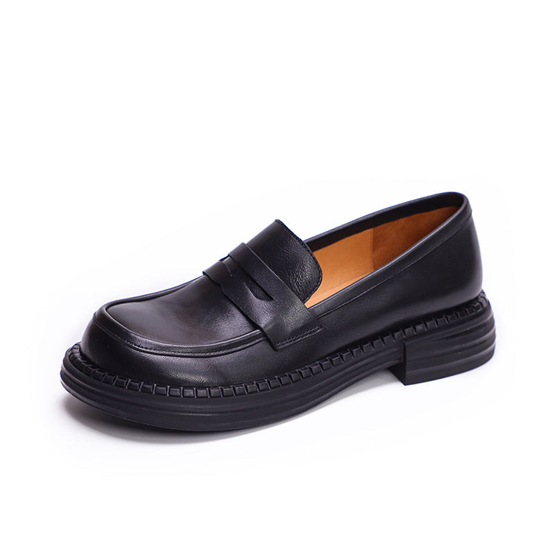 British-style Round-toe Chunky-heel Professional All-match Full-grain Leather Shoes