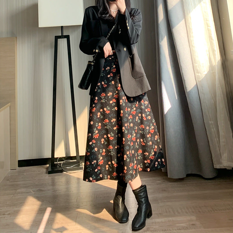 Women's Corduroy Small Red Flower Floral Skirt