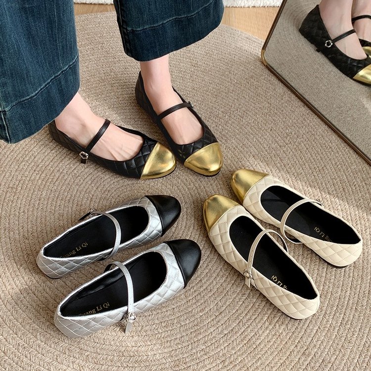French Style Small Fragrance Color Blocked Round Toe Mary Jane Shoes For Women, Gentle Matching Skirt With A Single Line And Shallow Mouth Single Shoe
