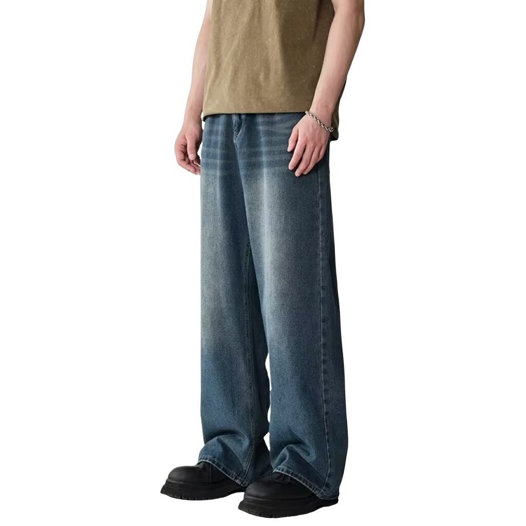Mens Straight-Leg Relaxed-Fit Vintage Blue Denim Jeans In American Style
