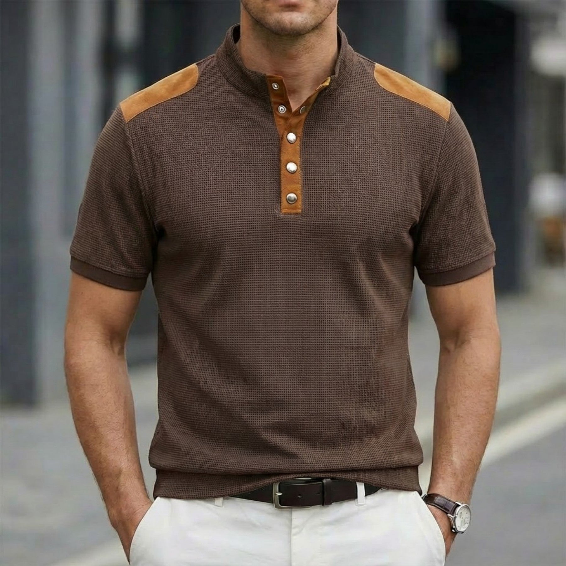 Casual Breathable Buttoned Stand Collar Color-Block Short-Sleeve Mens T-Shirt