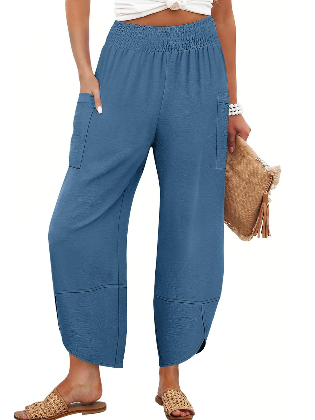 Summer New High-Waist Loose Solid-Color Side-Pocket Cropped Trousers