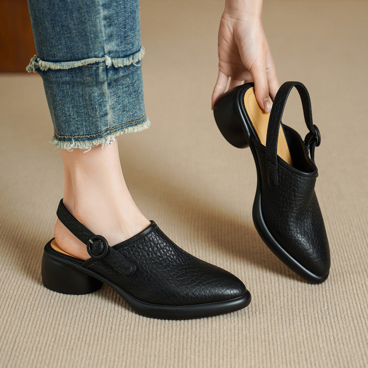 Women's Closed Toe Platform Genuine Leather Sandals, Round Toe, Chunky Heel, Single Buckle Strap, Open Back Roman Style, First-Layer Lambskin Shoes