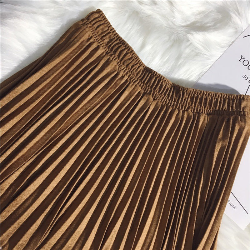 Deerskin Velvet Pleated Skirt Female High-waisted A-line Skirt All-match Big Hem