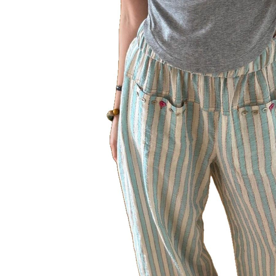 Short-stature Cotton Pinstripe Casual Striped Pants Womens