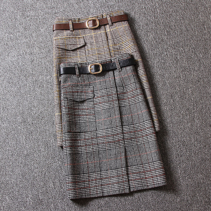 Woolen Plaid Women's Mid-length High Waist Slit One-step Hip Skirt