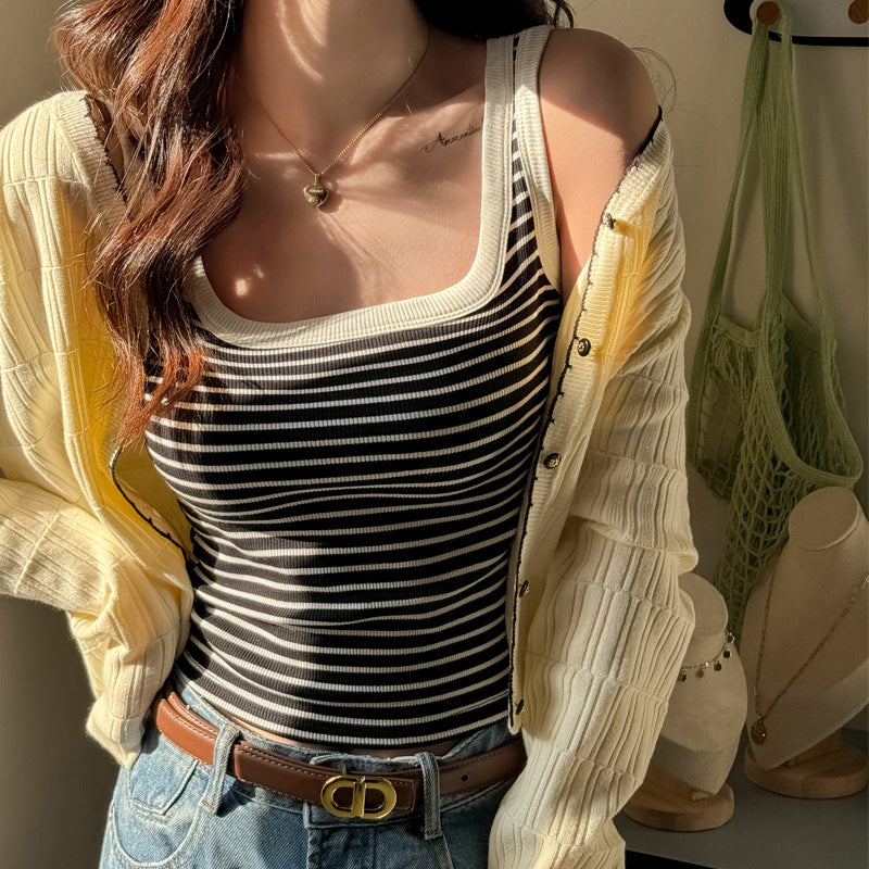 Black Striped Sleeveless Vest Bottoming Halter Top
