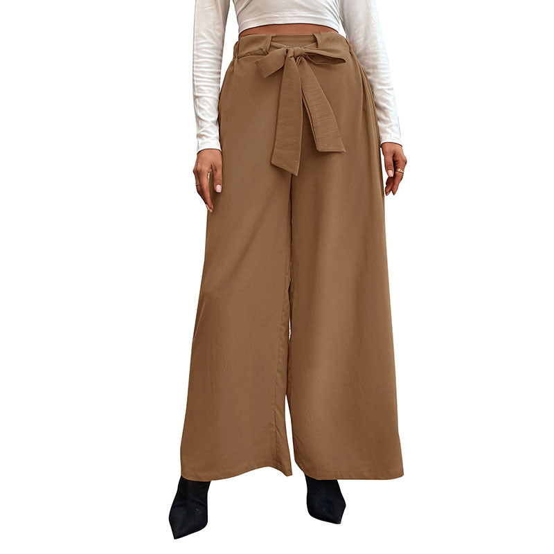 Solid-color Lace-up High-waist Straight-leg Wide-leg Minimalist Chic Versatile Womens Trousers