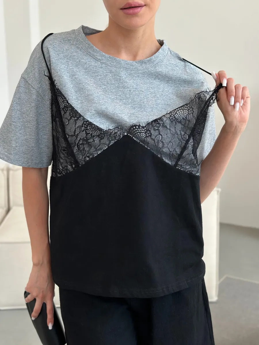 Women's Lace-Patchwork Loose Basic Crew-Neck Short-Sleeve T-Shirt