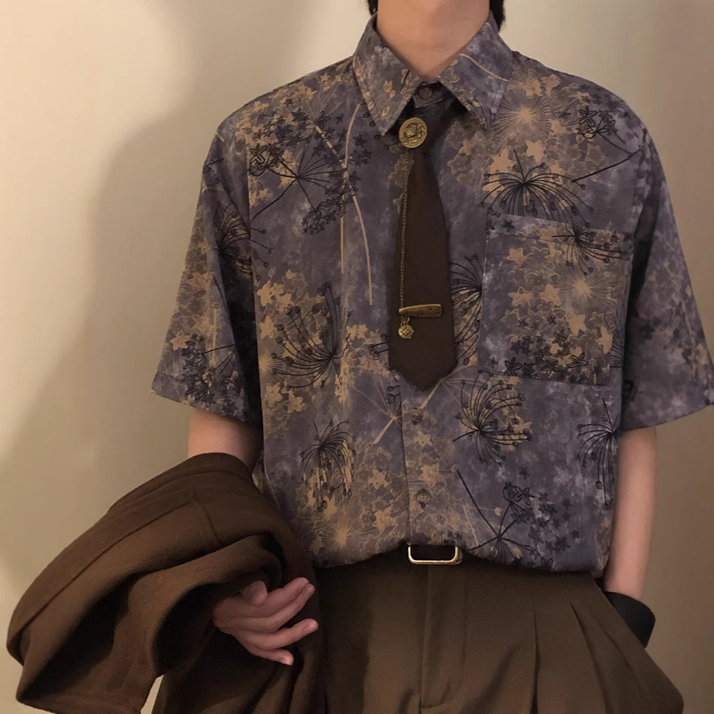 Retro Loose Printed Short-Sleeve Shirt Top Men's