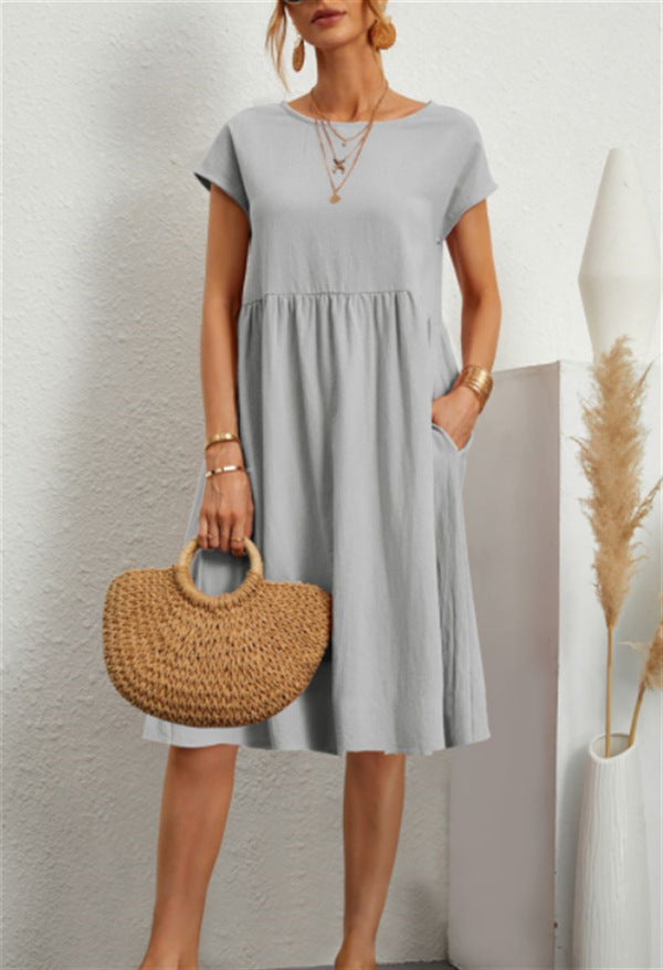 Summer Short-sleeved Dress With Pockets Fashion Solid Round Neck A-line Dresses For Women Clothing