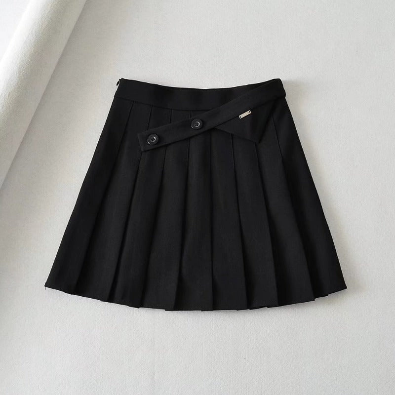 New Summer Oblique Button High Waist Pleated Skirt