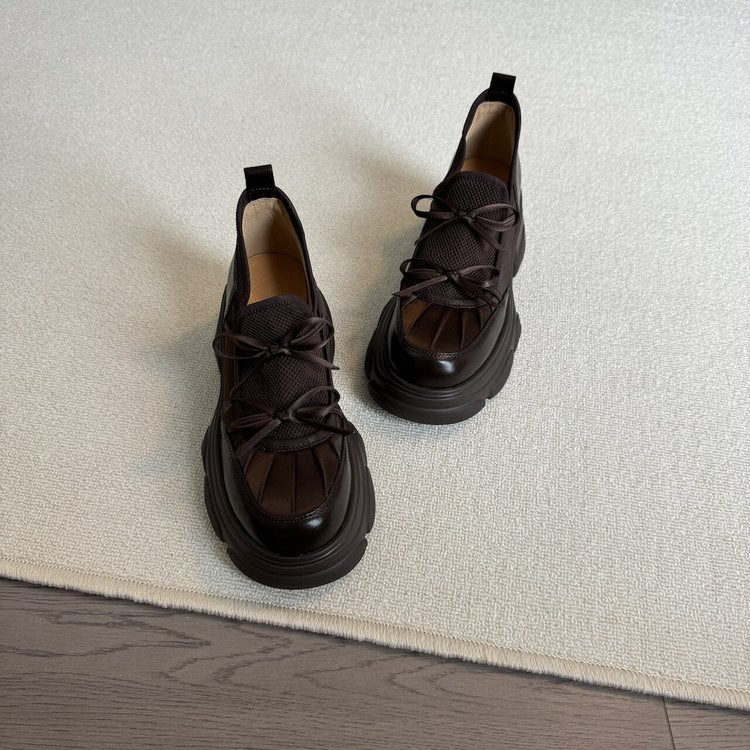 Soft Leather Vintage Round Toe Platform Loafers Women Bow Mary Jane Leather Shoes Casual Flats