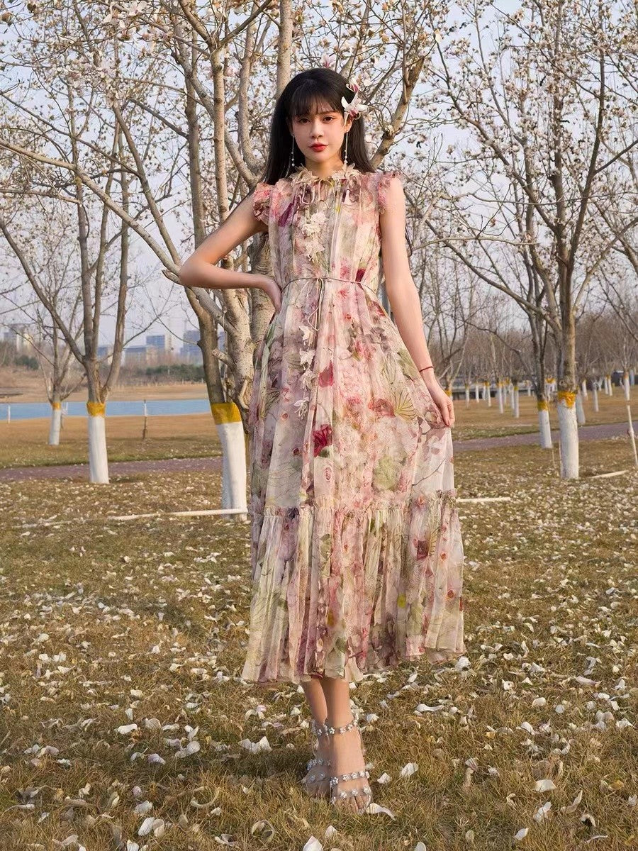 Garden-themed Print Butterfly Dress In Silk Crepe