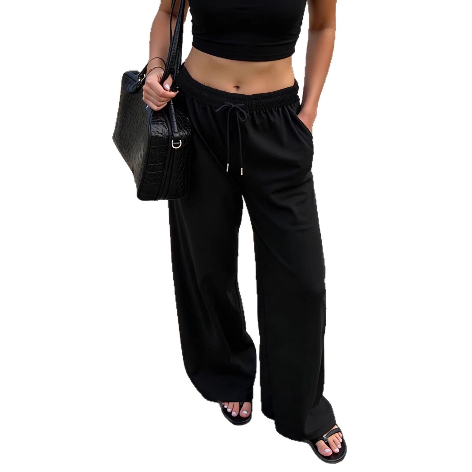 SpringSummer Womens Drawstring Straight-Leg Loose All-Match Casual Pants