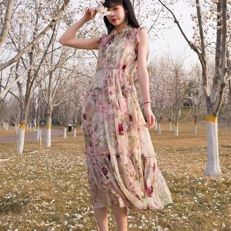 Garden-themed Print Butterfly Dress In Silk Crepe