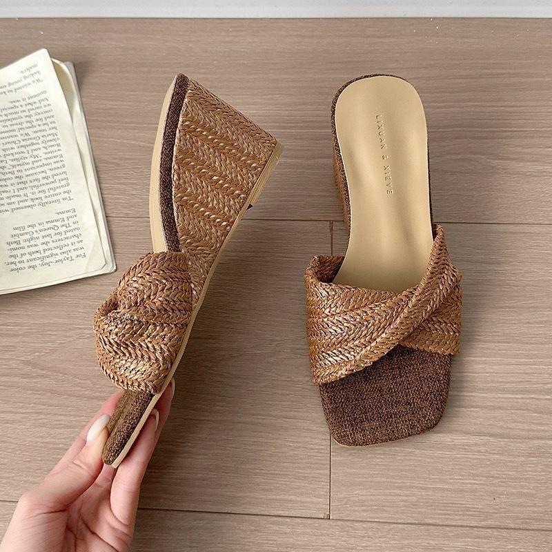Casual Wedge Heel Vacation Slide Sandals, Open Toe One-Strap Slippers For Women's Outdoor Wear, Woven, Versatile, Square Toe, Retro Style