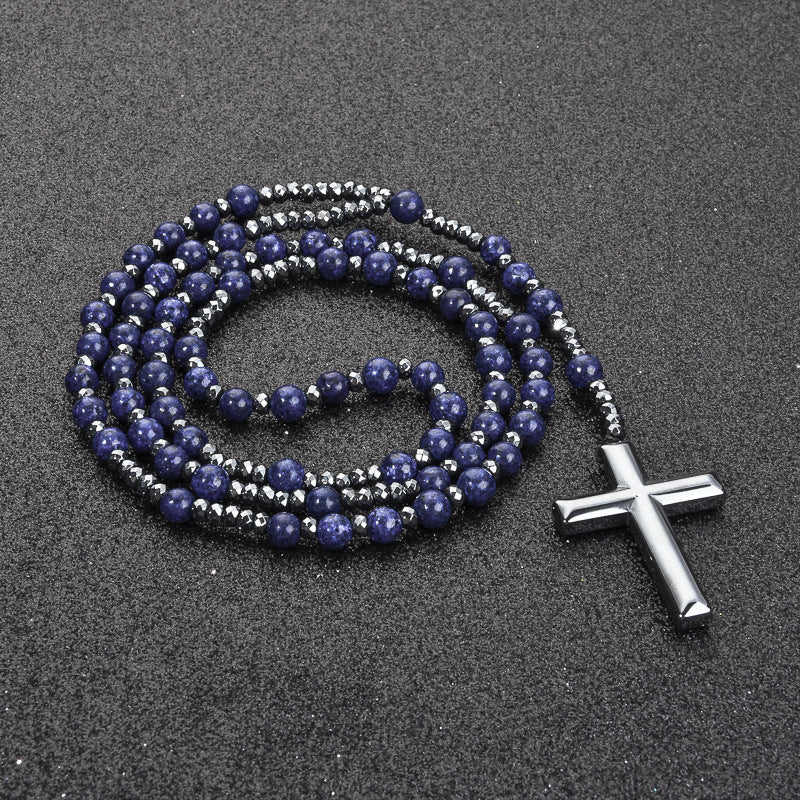 Cross Pendant Tigers Eye Lapis Lazuli Matte Agate Hematite Necklace
