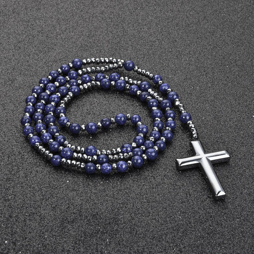 Cross Pendant Tigers Eye Lapis Lazuli Matte Agate Hematite Necklace