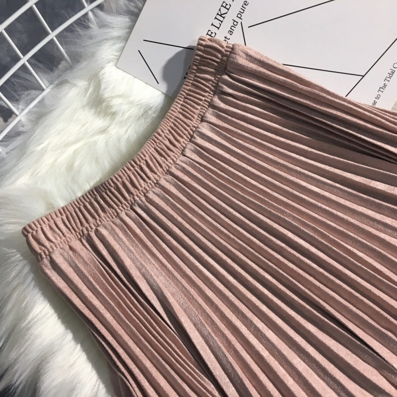 Deerskin Velvet Pleated Skirt Female High-waisted A-line Skirt All-match Big Hem