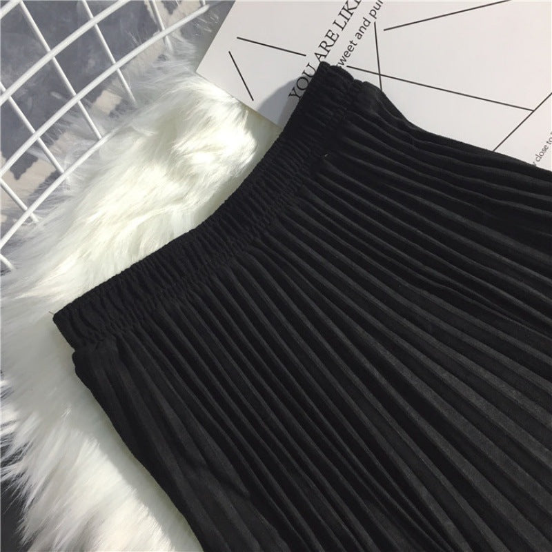 Deerskin Velvet Pleated Skirt Female High-waisted A-line Skirt All-match Big Hem