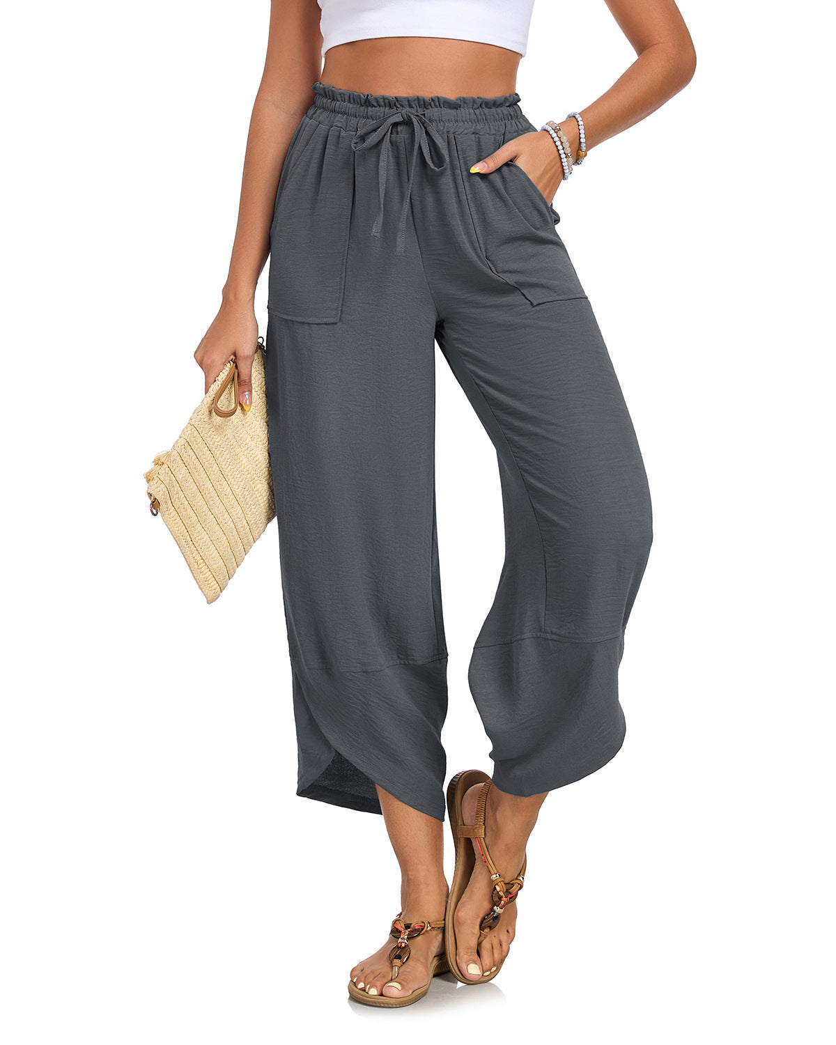 Women's Petal-Print Drawstring Elastic Waist Cropped Wide-Leg Pants