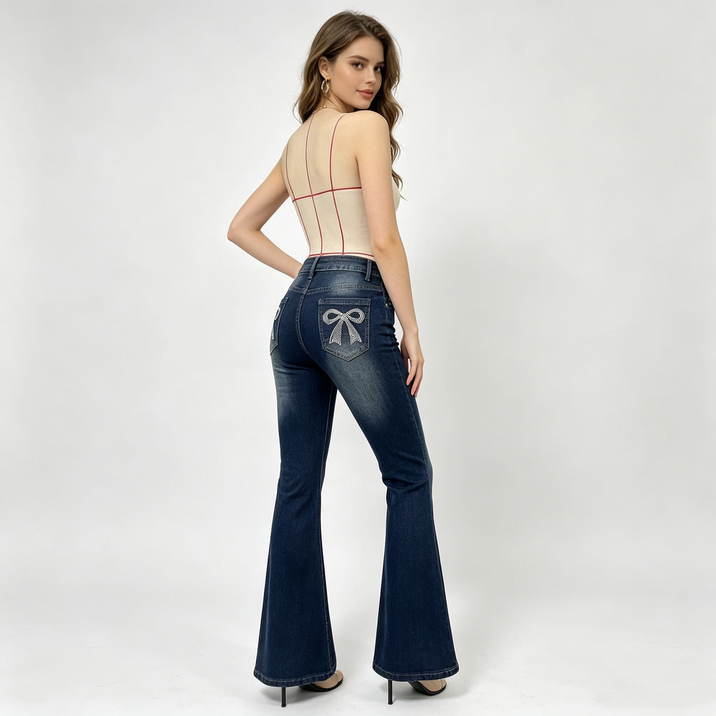 Women's Flared Jeans With Back Pocket Bow & Rhinestone Detail