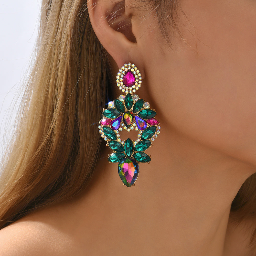 Multi Color Paved Rhinestone Floral Teardrop Dangle Earrings Women Luxury Statement Wedding Prom Formal Party Accessories