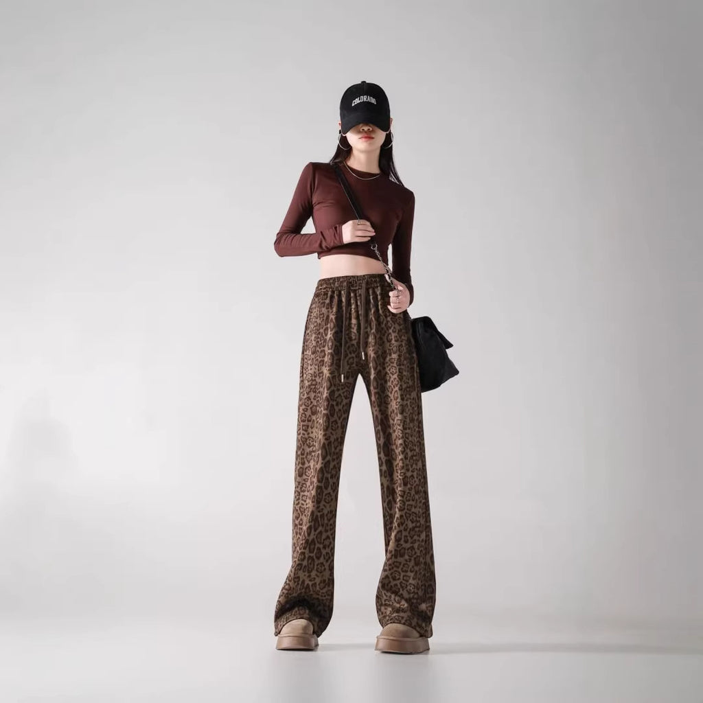 Womens Fleece-Lined Thickened Warm Leopard-Print Drawstring Wide-Leg Pants