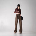 Womens Fleece-Lined Thickened Warm Leopard-Print Drawstring Wide-Leg Pants