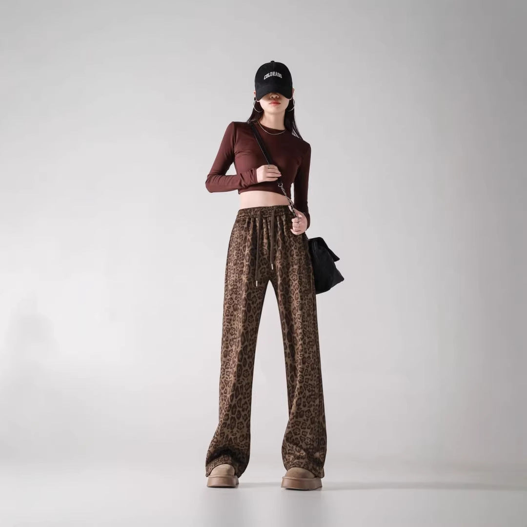 Womens Fleece-Lined Thickened Warm Leopard-Print Drawstring Wide-Leg Pants