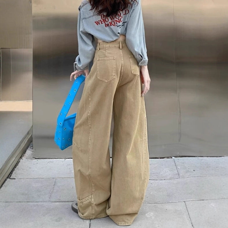 Khaki Loose-fit Wide-leg Cargo Jeans