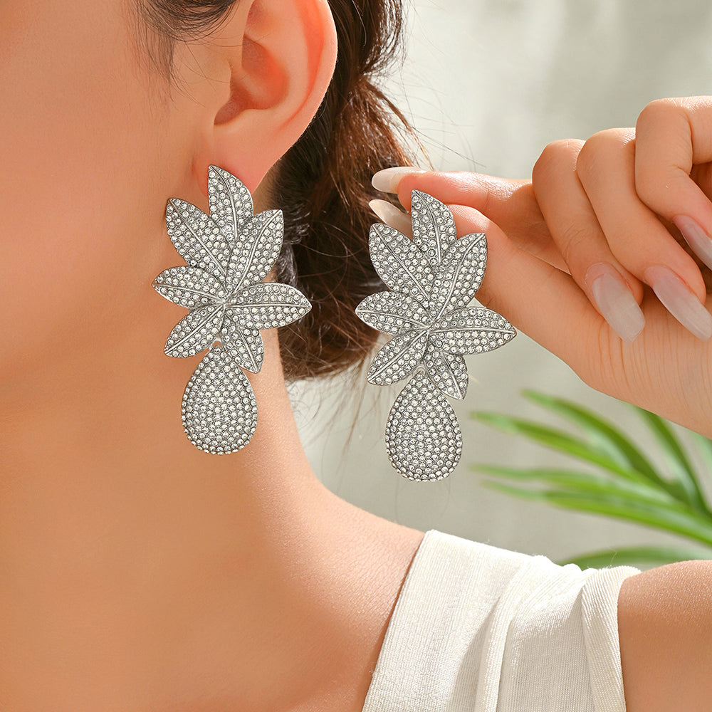 Rhinestone Floral Teardrop Dangle Earrings For Women Wedding Evening Party Prom Formal Luxury Statement Jewelry