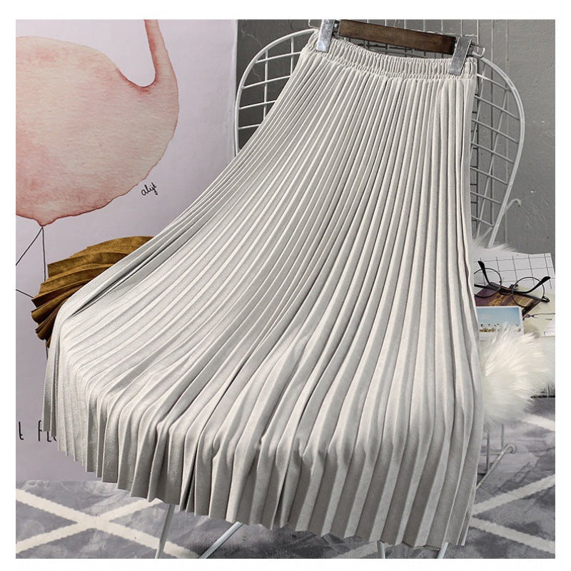 Deerskin Velvet Pleated Skirt Female High-waisted A-line Skirt All-match Big Hem