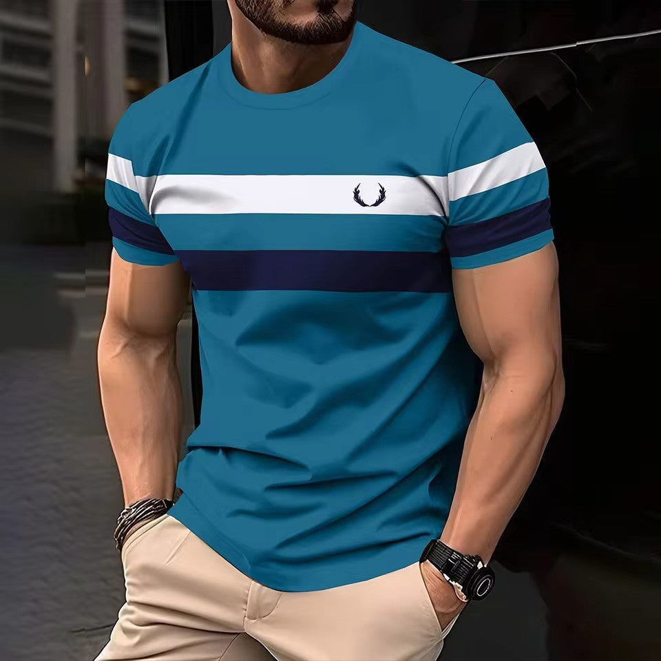 Geometric Contrasting Striped 3D Printed Mens Loose  Breathable Crew Neck T Shirt