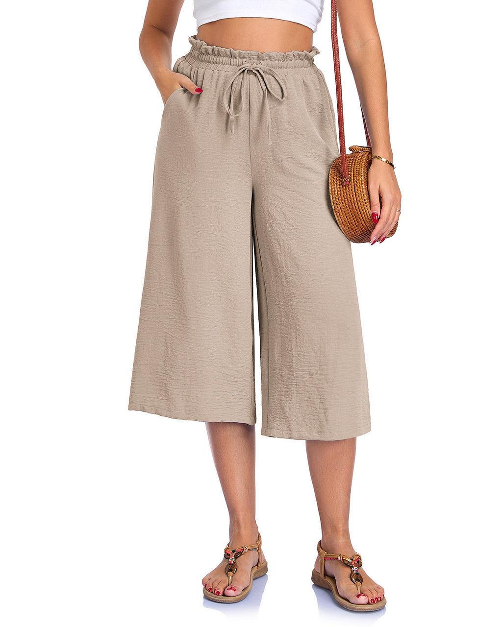 Women's Solid Color All-Match Elastic Cropped Pants Loose Wide-Leg Trousers