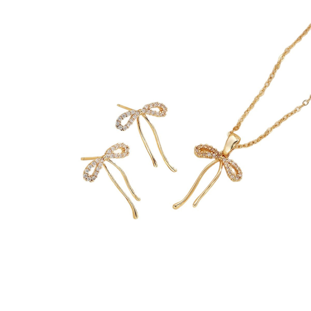 Copper Inlaid Zircon Bow Pendant Earrings Two-Piece Set