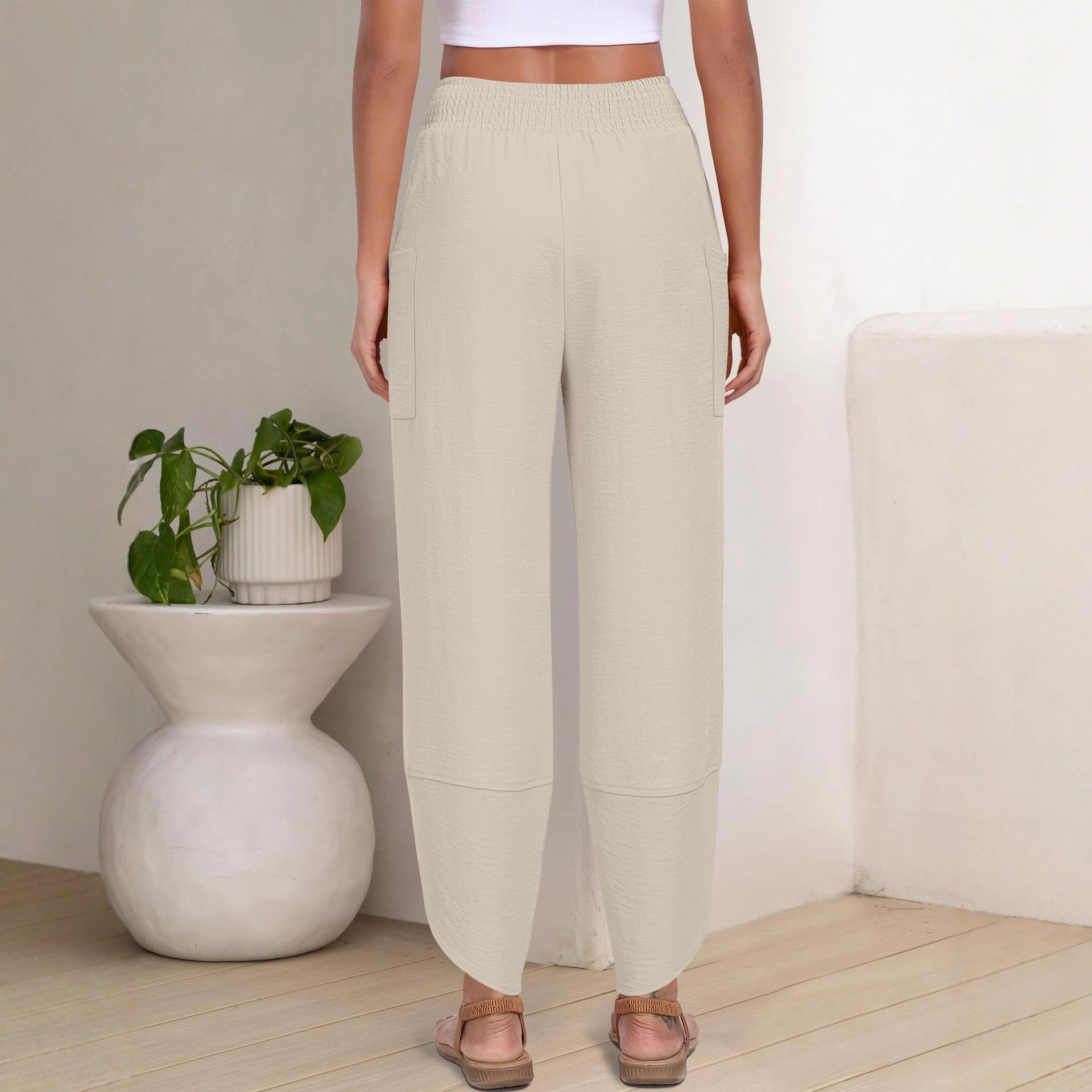 Summer New High-Waist Loose Solid-Color Side-Pocket Cropped Trousers