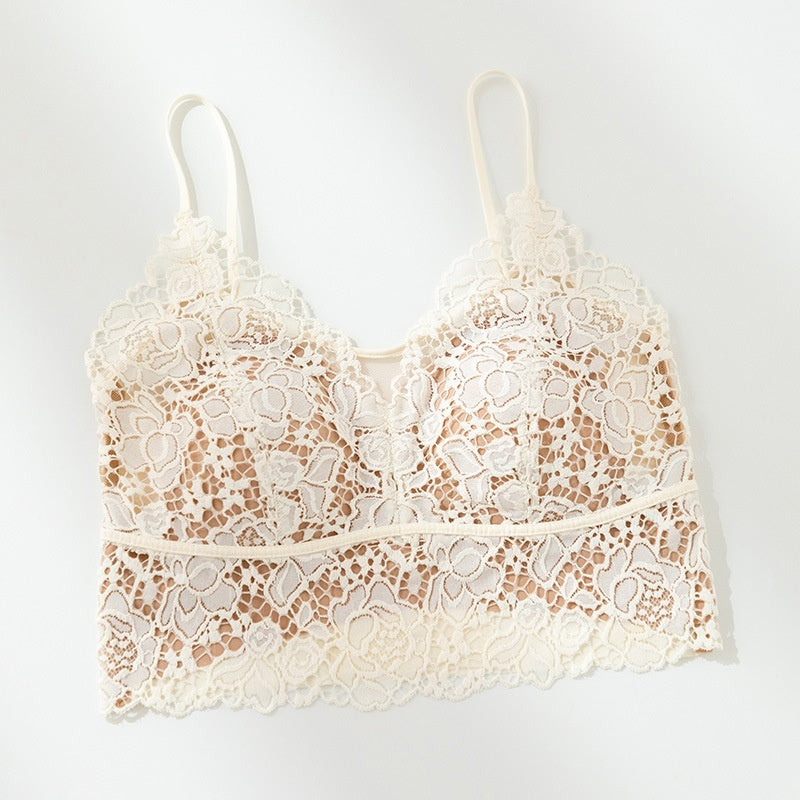 French-style Lace Mesh Camisole With Chest Pads Lightweight Outerwearbase Layer Top