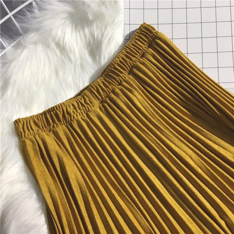 Deerskin Velvet Pleated Skirt Female High-waisted A-line Skirt All-match Big Hem