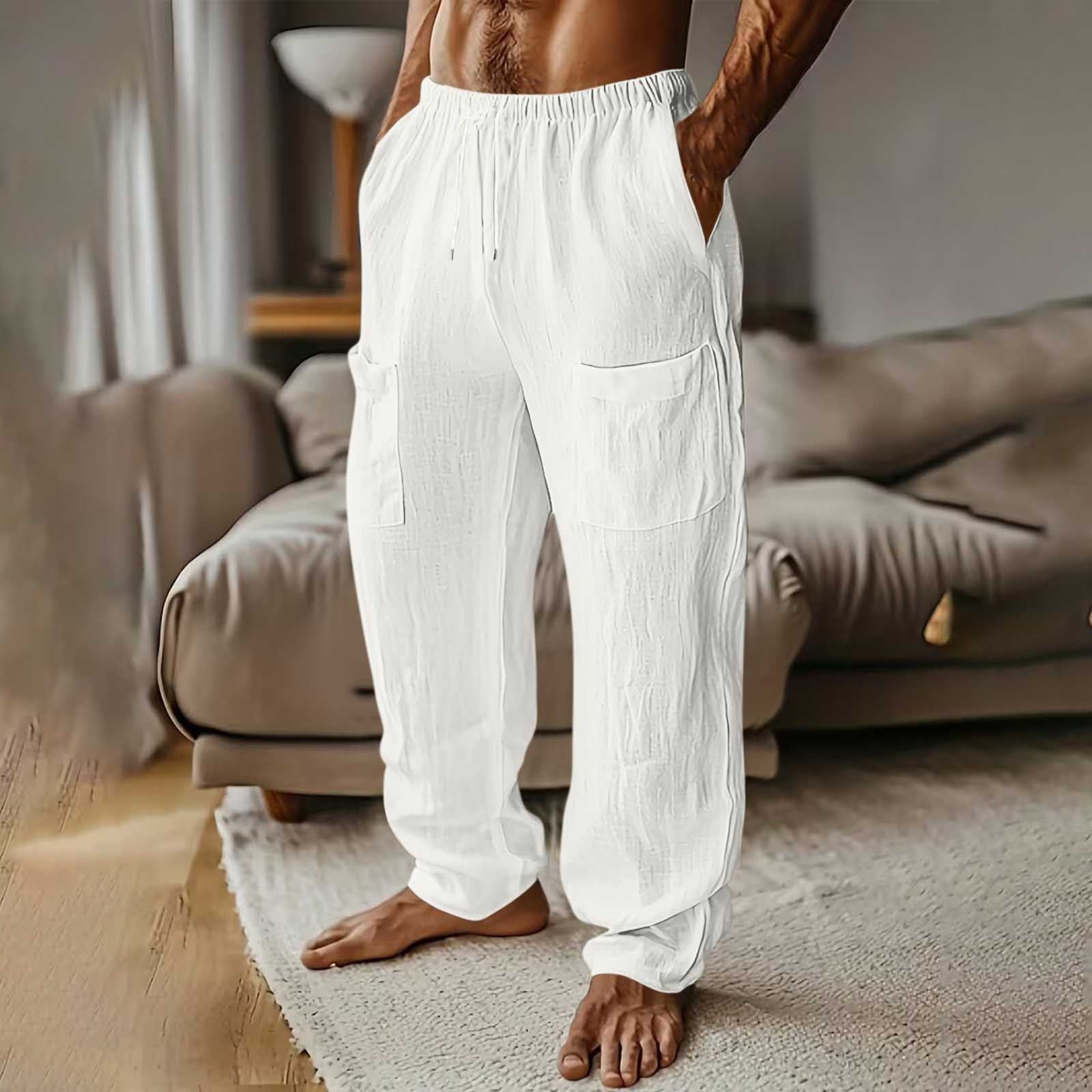 Mens Fashion Cotton-Linen Solid Color Multi-Pocket Elastic Waist Drawstring Casual Straight-Leg Trousers