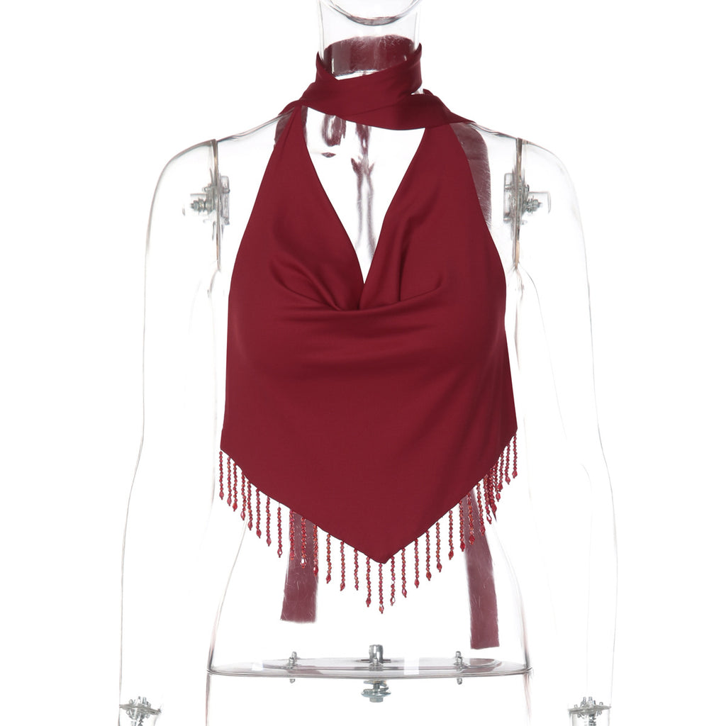 Lace Up Back Hollow Out Design Statement Tassel Camisole For Women