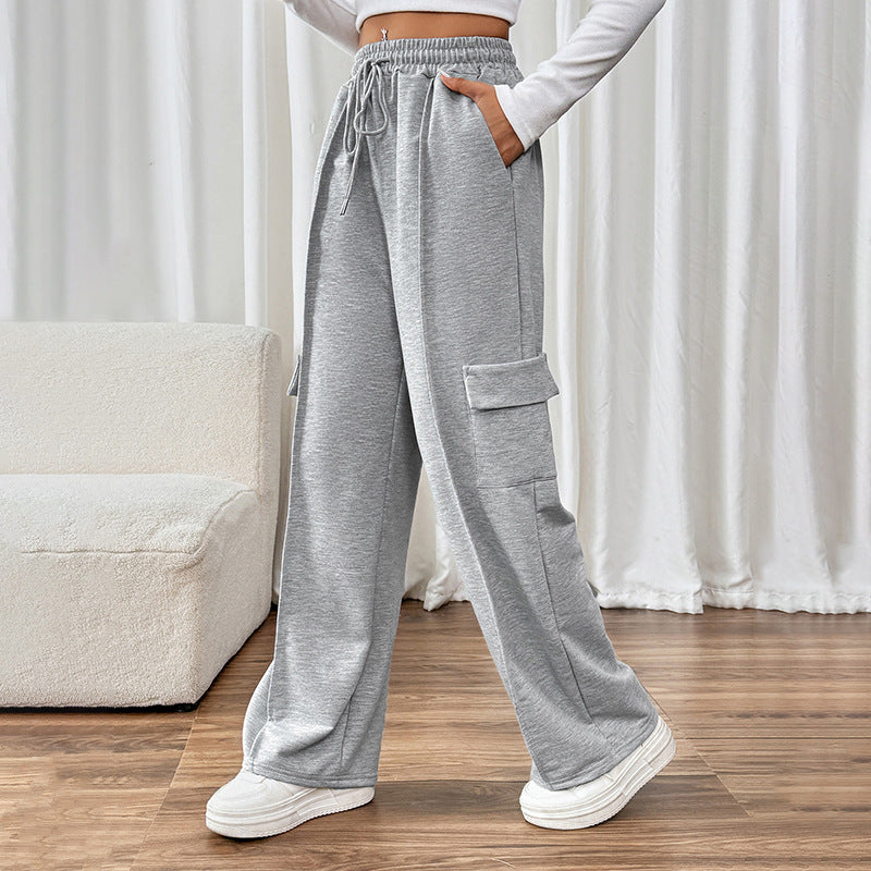 Casual Elastic High-Waist Straight Pants With Patch Pockets