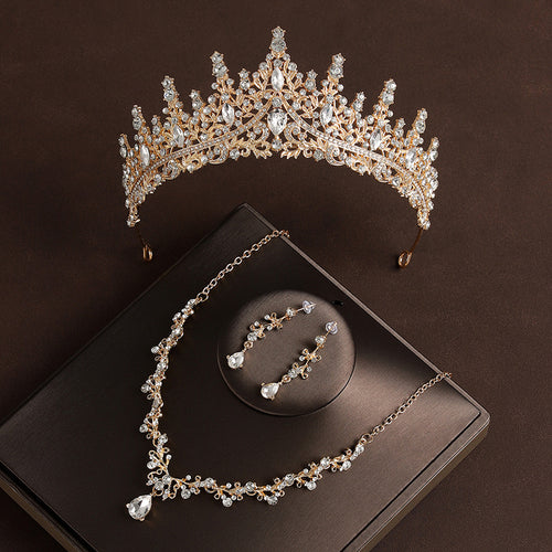 Crown Headdress Necklace Earrings Champagne Gold Vintage