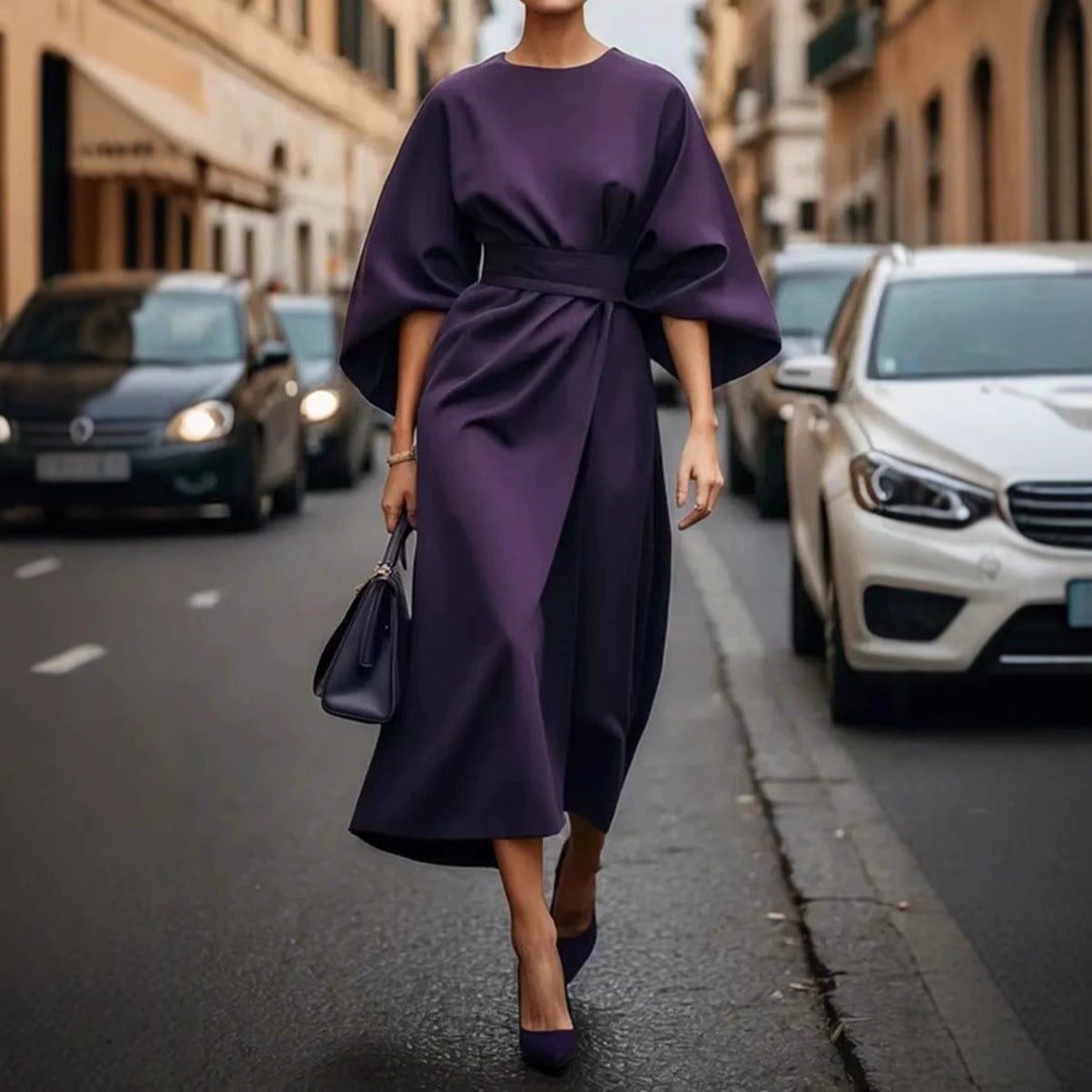 Loose Batwing Sleeve Dress Fashion Waist-tighted Solid Color Elegant Dresses For Women Clothing