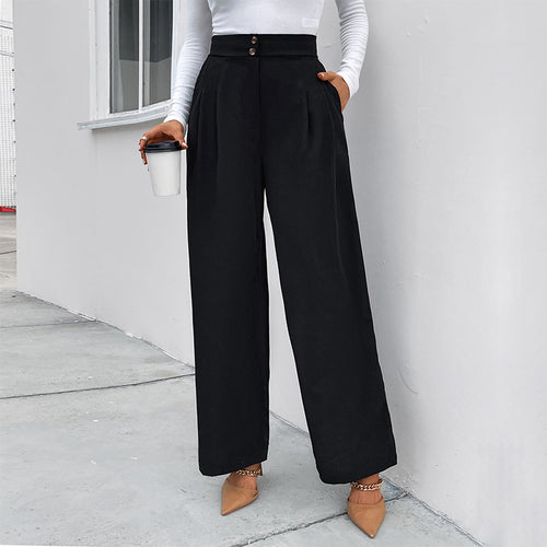 Casual High-Waist Workwear Pants Loose-Fit Black Wide-Leg Trousers