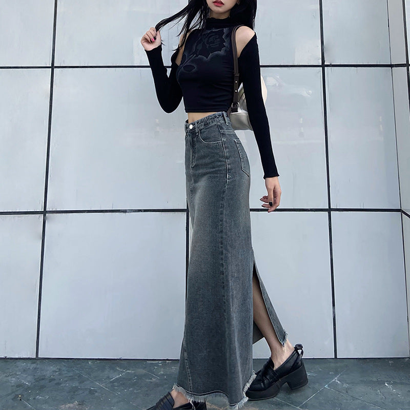 Solid Slim High Waist Denim Skirt