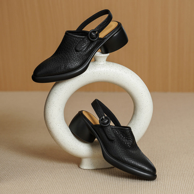 Women's Closed Toe Platform Genuine Leather Sandals, Round Toe, Chunky Heel, Single Buckle Strap, Open Back Roman Style, First-Layer Lambskin Shoes