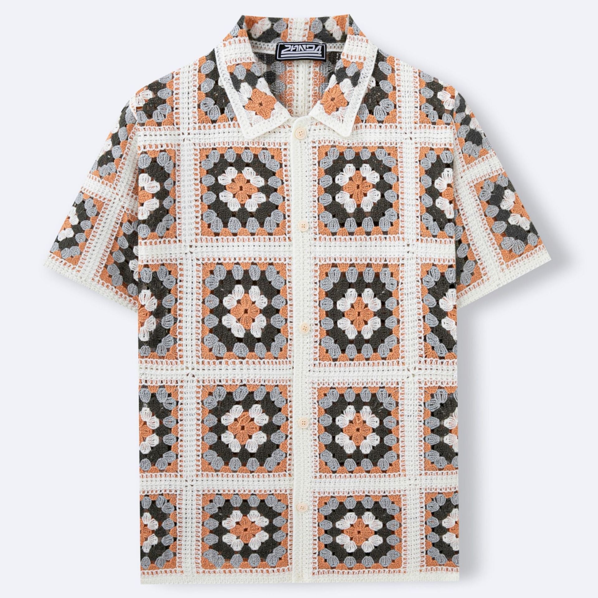 Color-blocked, Openwork, Lapel-neck Short-sleeve Knit Top